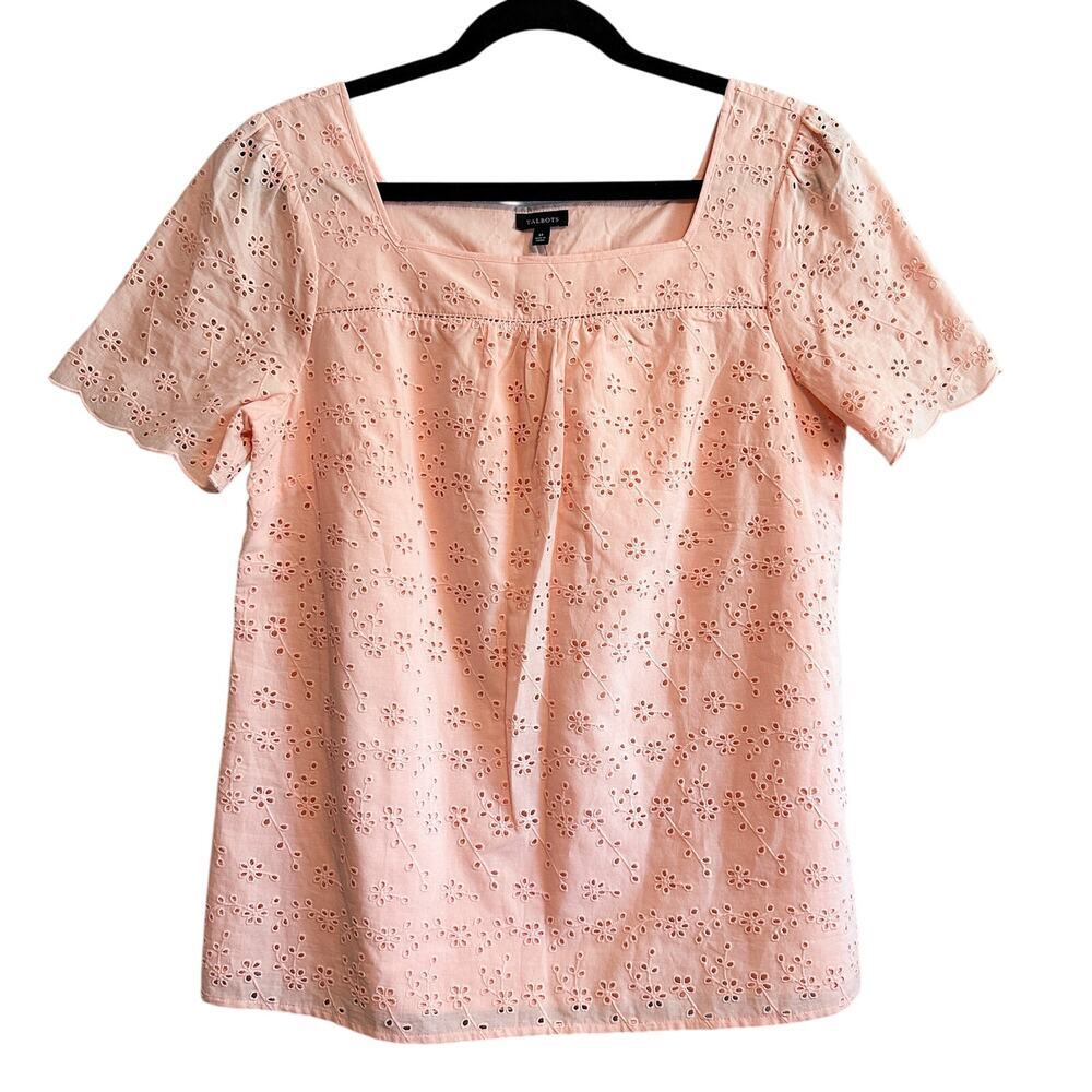 Talbots Floral Eyelet Square Neck Pale Pink Blouse Top NWOT Size M